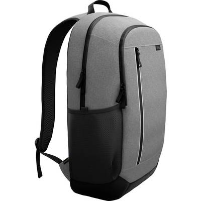 Šedý batoh s elegantním, moderním designem má přední kapsu na zip a černé boční kapsy, vhodný pro každodenní použití nebo cestování.
