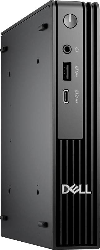 Černý stolní počítač Dell stojí vzpřímeně a na předním panelu ukazuje tlačítko napájení, dva USB porty a zvukový konektor.