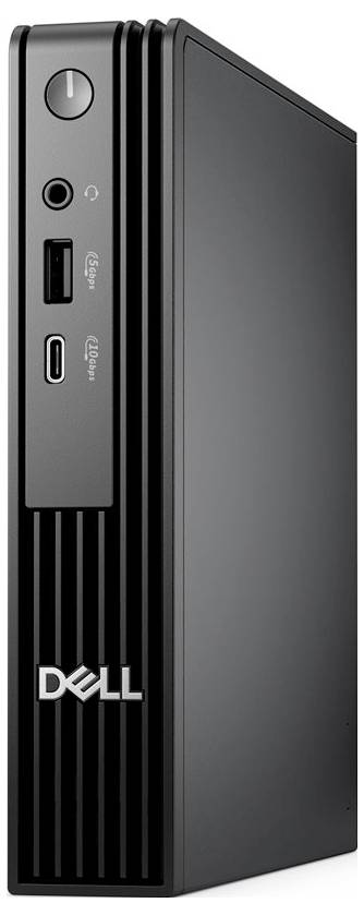 Štíhlý vertikální stolní počítač Dell s předními USB porty a tlačítkem napájení, s logem Dell umístěným ve spodní části.