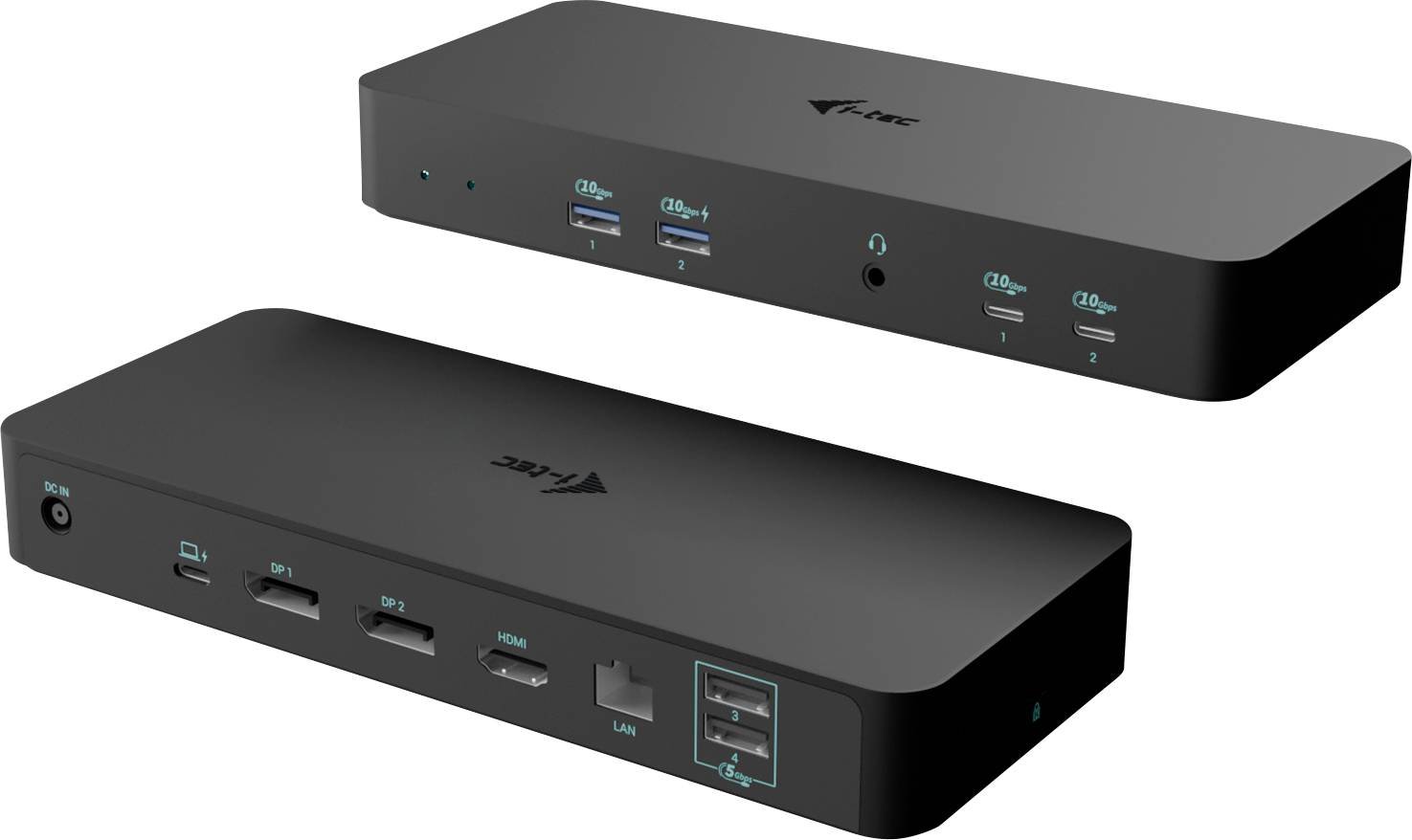 Černá dokovací stanice s několika porty včetně USB, HDMI, Ethernetu a audio vstupu.