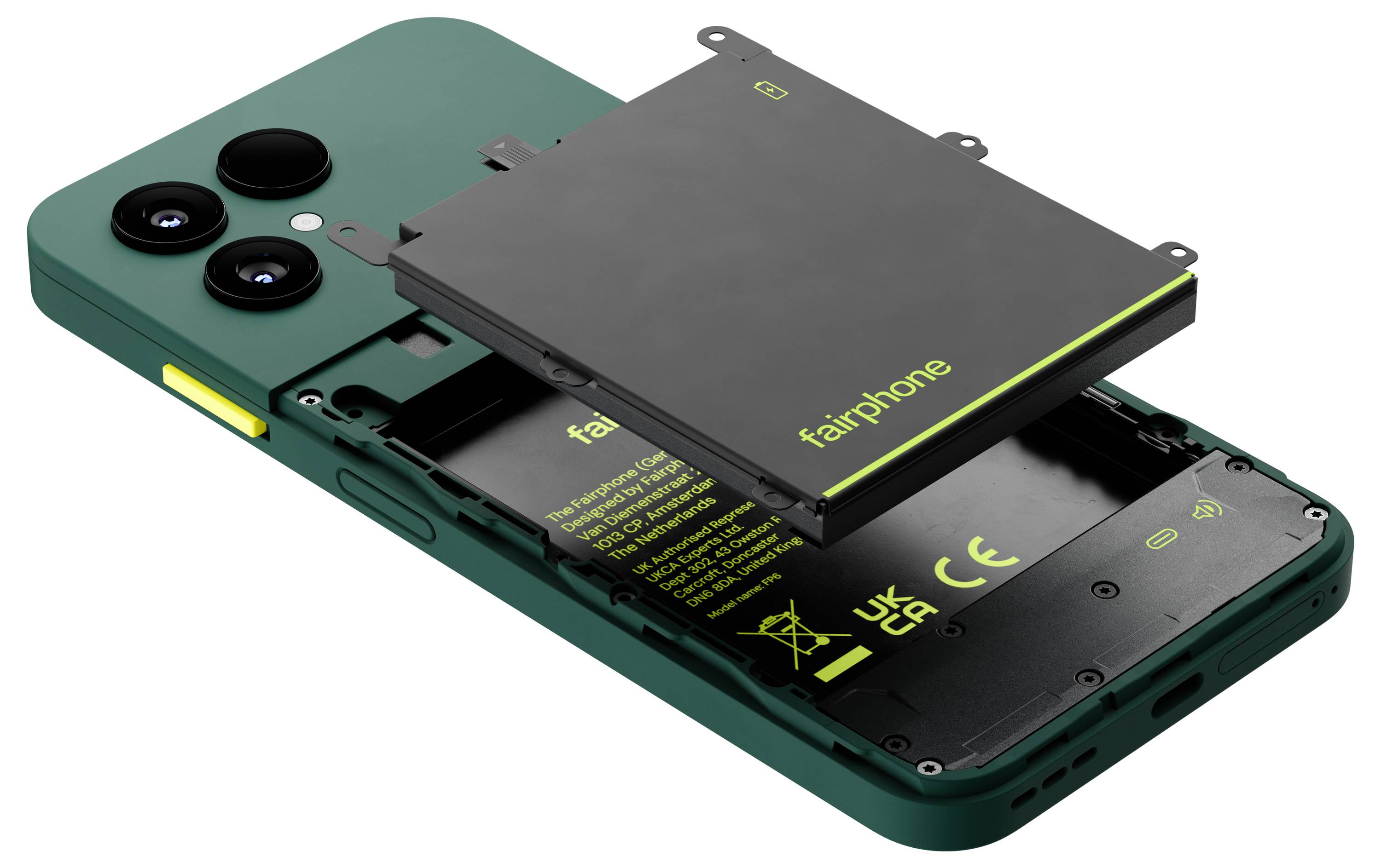 Zelený smartphone s odnímatelnou baterií, která je částečně vyjmutá, zvýrazňující jeho design zaměřený na snadnou údržbu a šetrnost k životnímu prostředí.