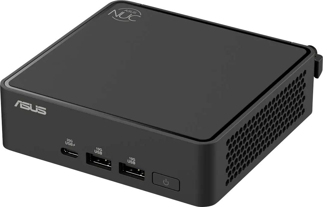 Malý, černý mini-počítač ASUS s více USB porty na přední straně, označený jako 'NUC', určený pro kompaktní výpočetní řešení.