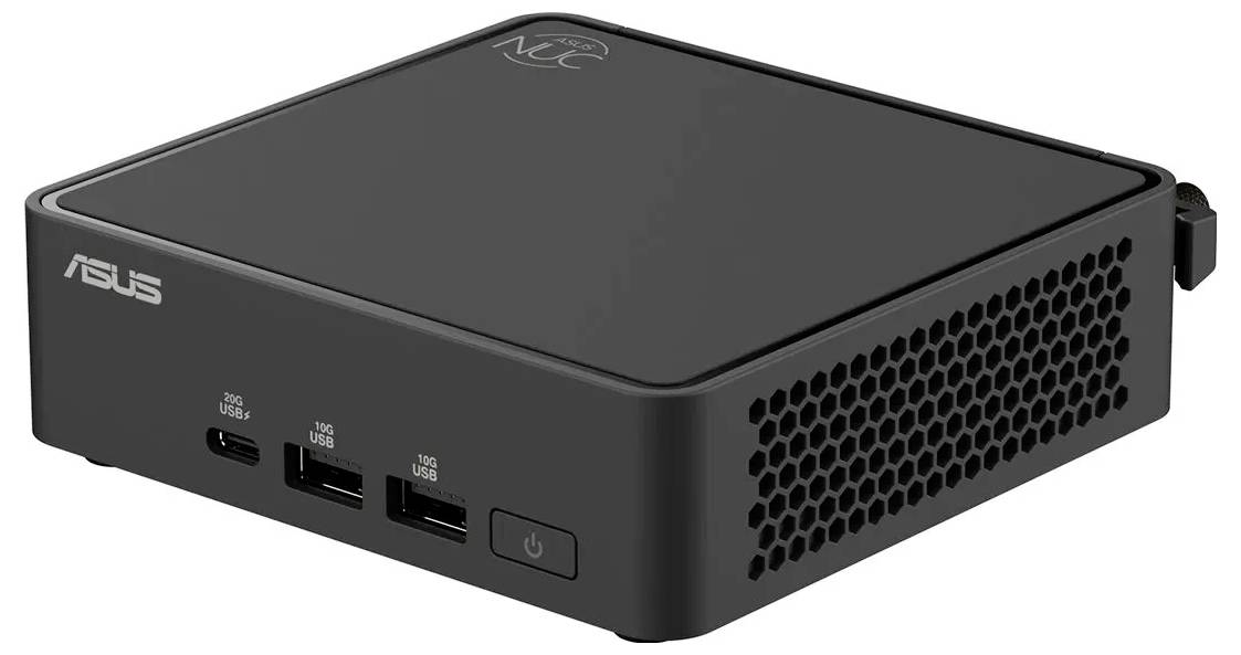 Kompaktní černý mini počítač ASUS s několika USB porty na přední straně a větracími otvory na boku pro efektivní chlazení.