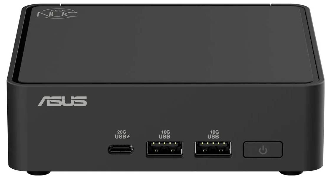 Kompaktní černý mini počítač Asus NUC s porty na přední straně: 20G USB-C, dva 10G USB-A a tlačítko napájení.