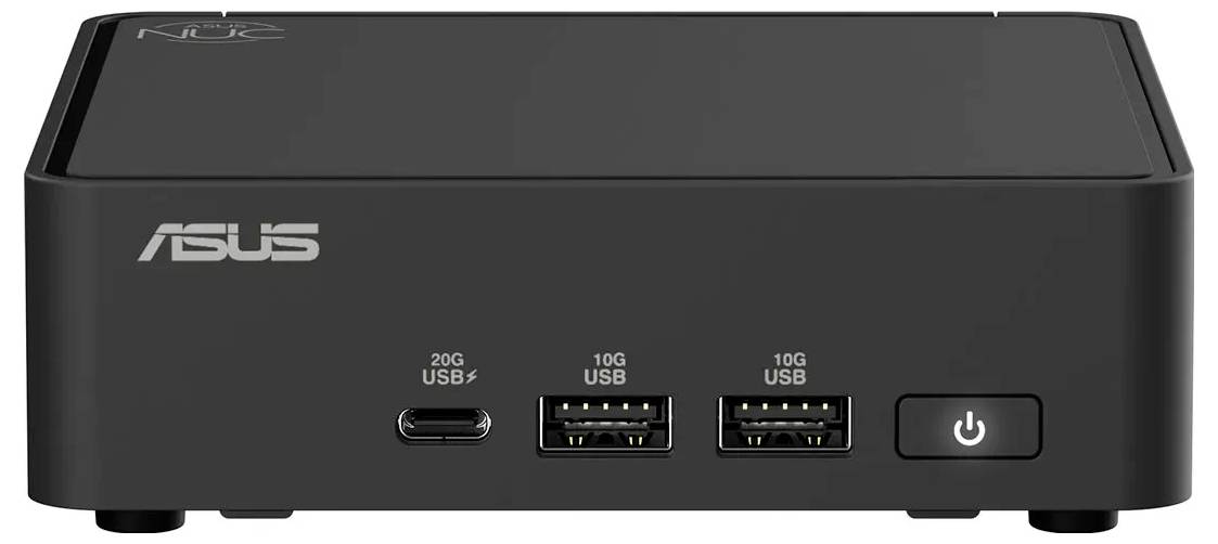 Malý černý mini počítač ASUS s porty označenými '20G USB', '10G USB' a vypínačem na přední straně.