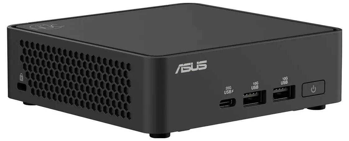 Černý kompaktní mini počítač ASUS s větracími otvory na straně, dvěma USB porty, USB-C portem a vypínačem vpředu.