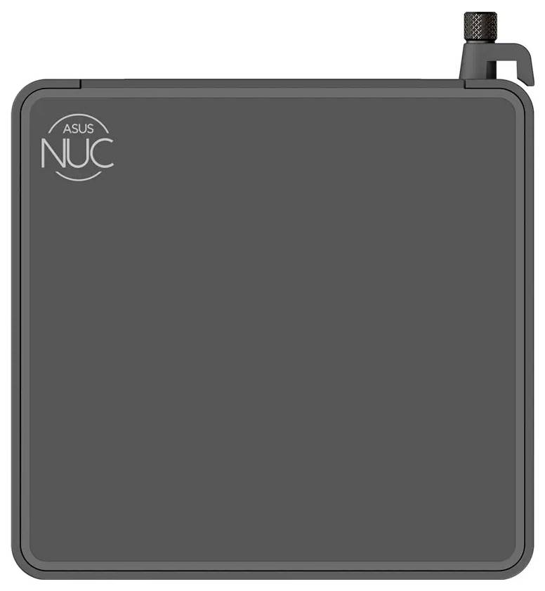 Kompaktní počítač ASUS NUC pohledem shora, s tmavě šedým krytem a malou anténou v pravém horním rohu.