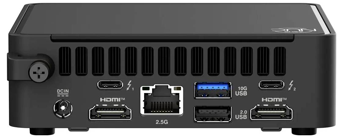 Zadní pohled na kompaktní černý počítač zobrazující různé porty, včetně dvou HDMI, tří USB, jednoho Ethernetu a napájecího vstupu.