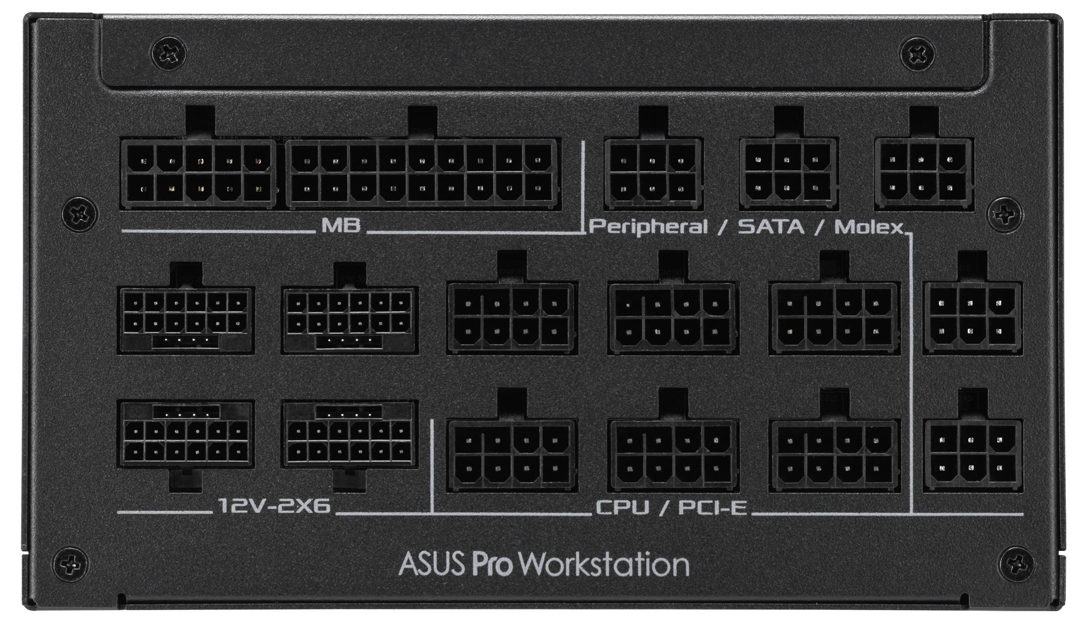Napájecí porty stanice ASUS Pro Workstation označené pro základní desku, periferní zařízení, SATA, Molex, 12V-2X6, CPU/PCI-E připojení.