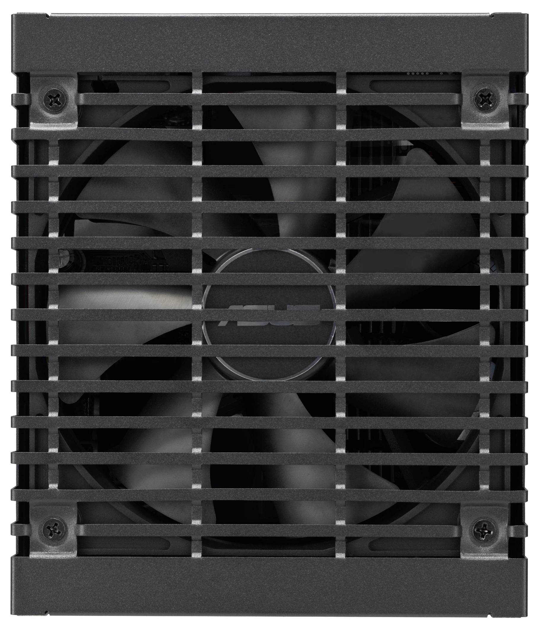 Černý počítačový chladicí ventilátor s horizontální mřížkou, s centrálním nábojem a čtyřmi viditelnými listy, umístěný v čtvercovém rámu.