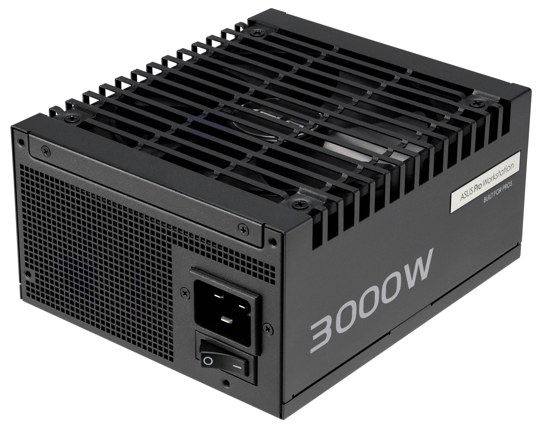 Napájecí zdroj 3000W, černý, s mřížkou nahoře a napájecím vstupem vzadu, označený pro pracovní stanice ASUS Pro.