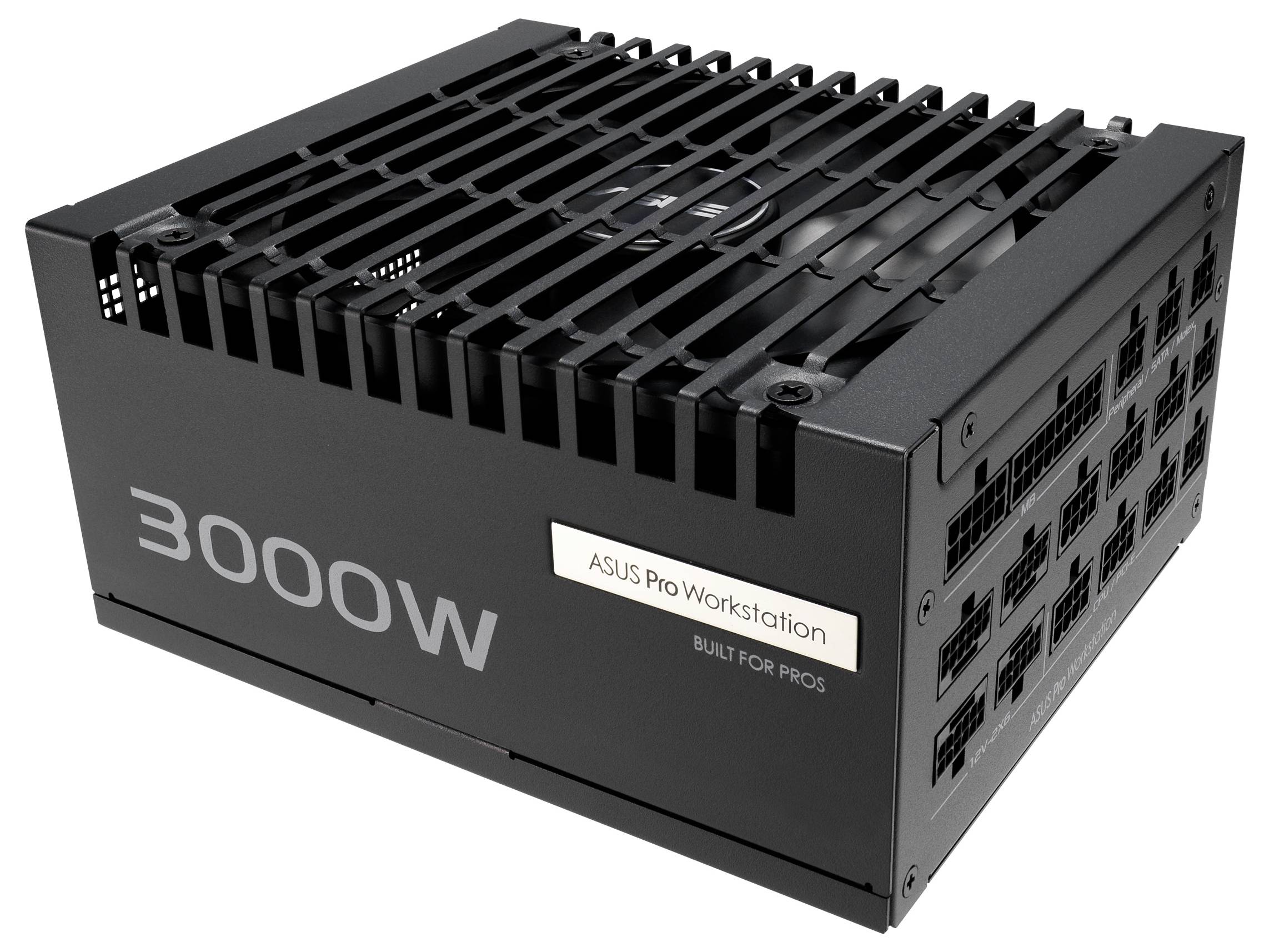 Napájecí zdroj ASUS Pro Workstation označený jako '3000W' určený pro profesionální použití, zobrazující několik připojovacích portů na straně.