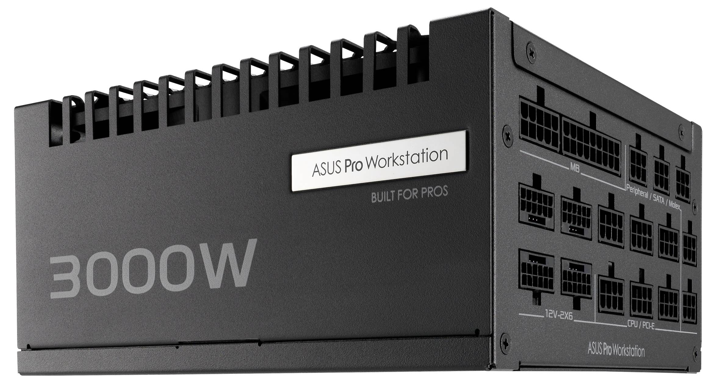 Napájecí zdroj 'ASUS Pro Workstation 3000W' s více konektory, označený 'VYTVOŘENO PRO PROFESIONÁLY'.