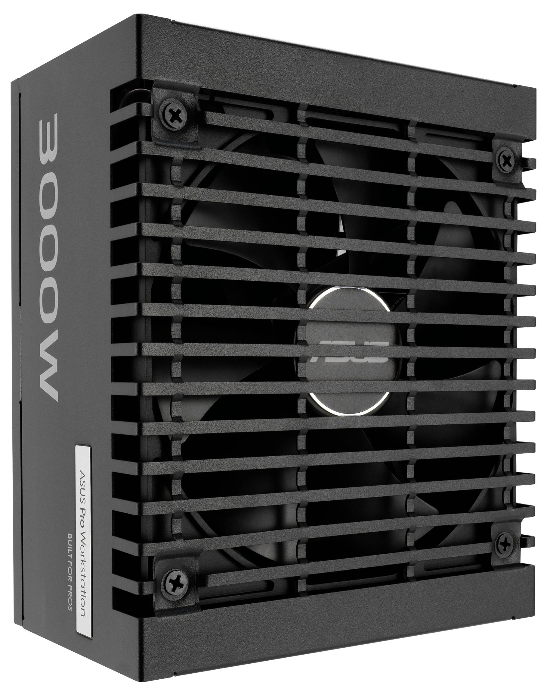 Černá napájecí jednotka ASUS, označená '3000W'. Disponuje velkým chladicím ventilátorem a je navržena pro vysoce výkonné počítačové konfigurace.