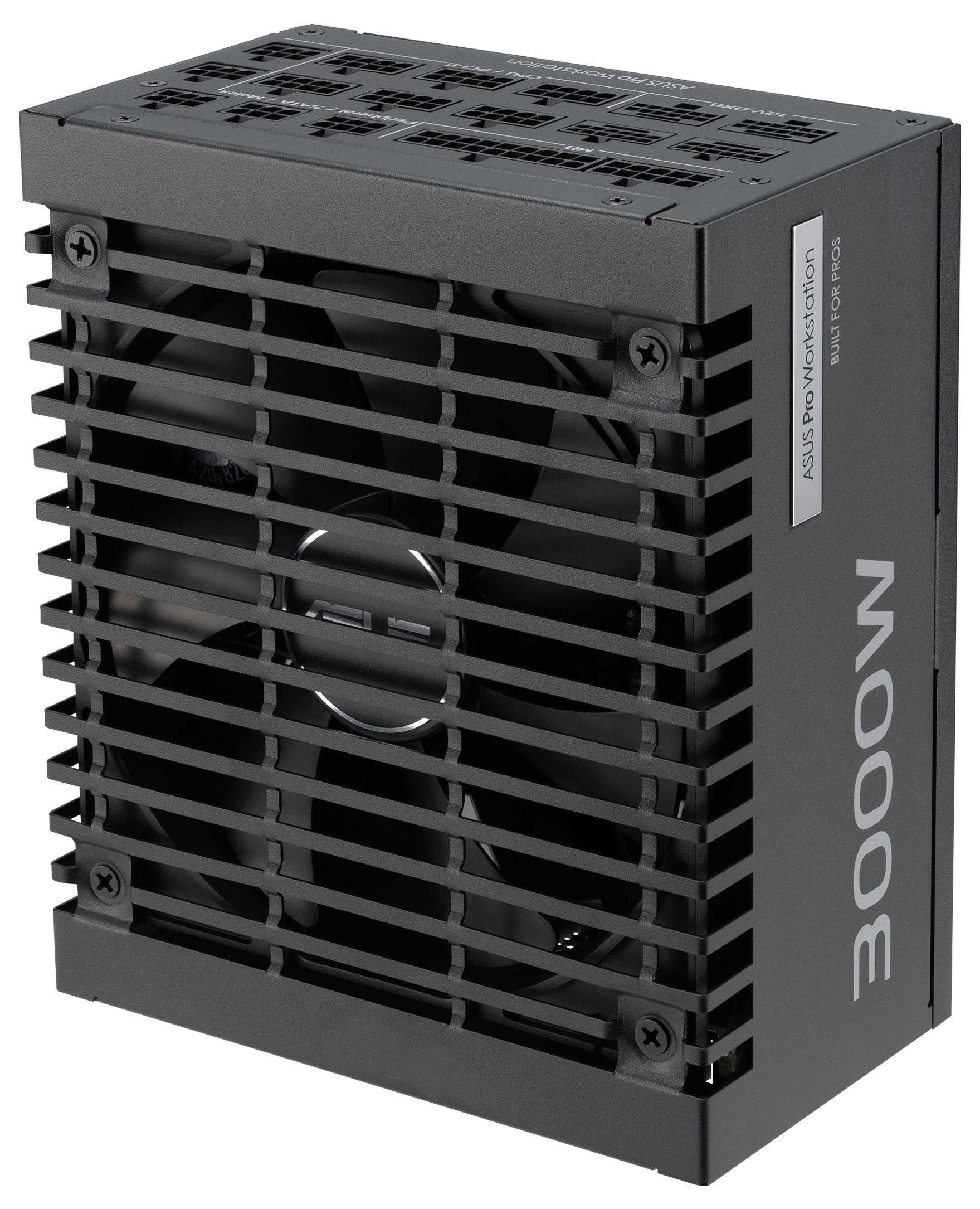Černý počítačový napájecí zdroj označený '3000W' s chladicím ventilátorem a několika konektory na horní straně, navržený pro vysoce výkonné počítačové systémy.