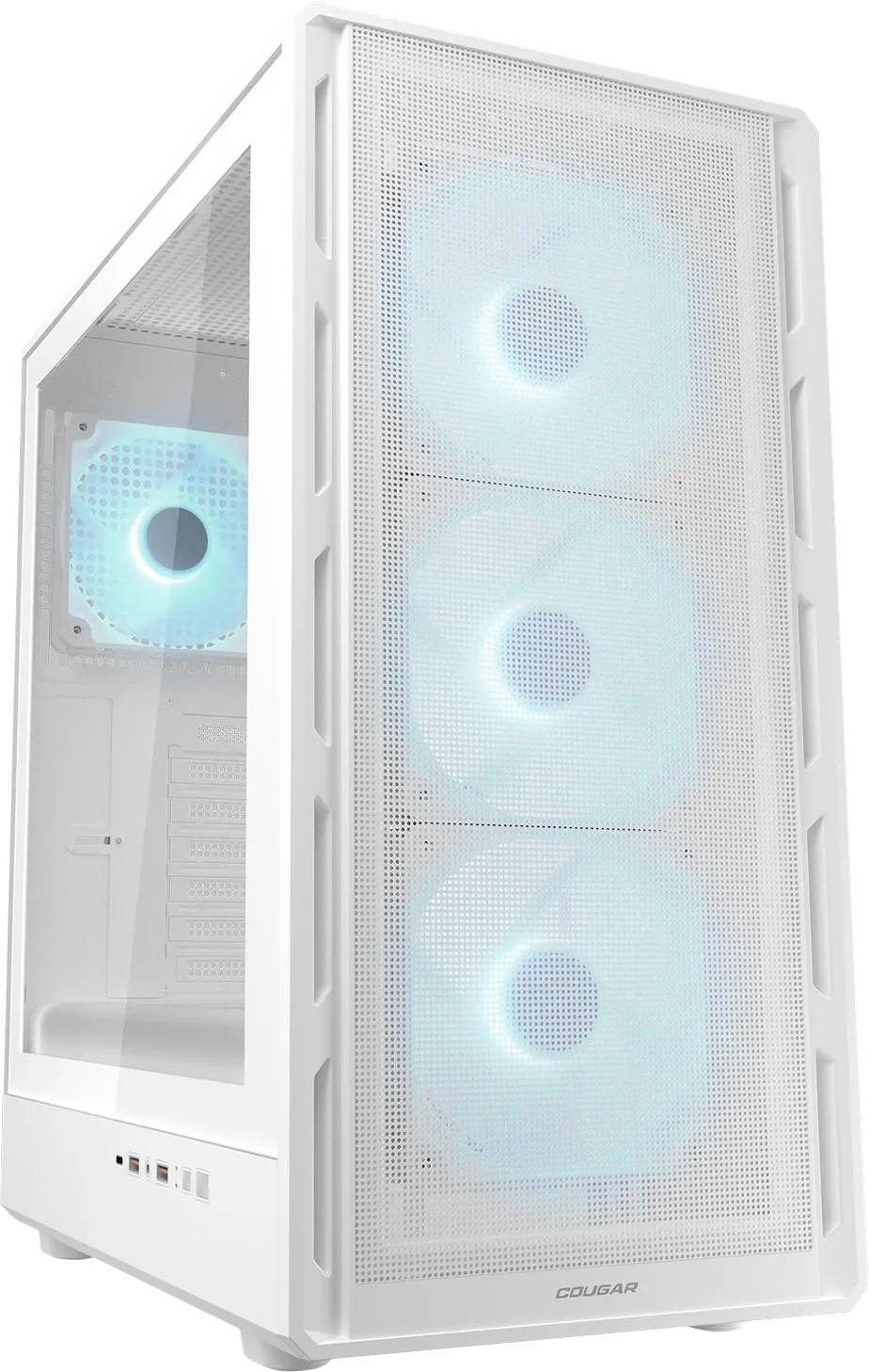 Bílý počítačový kryt s průhledným bočním panelem a přední mřížkou, který ukazuje čtyři zářící modré ventilátory uspořádané ve svislé linii.
