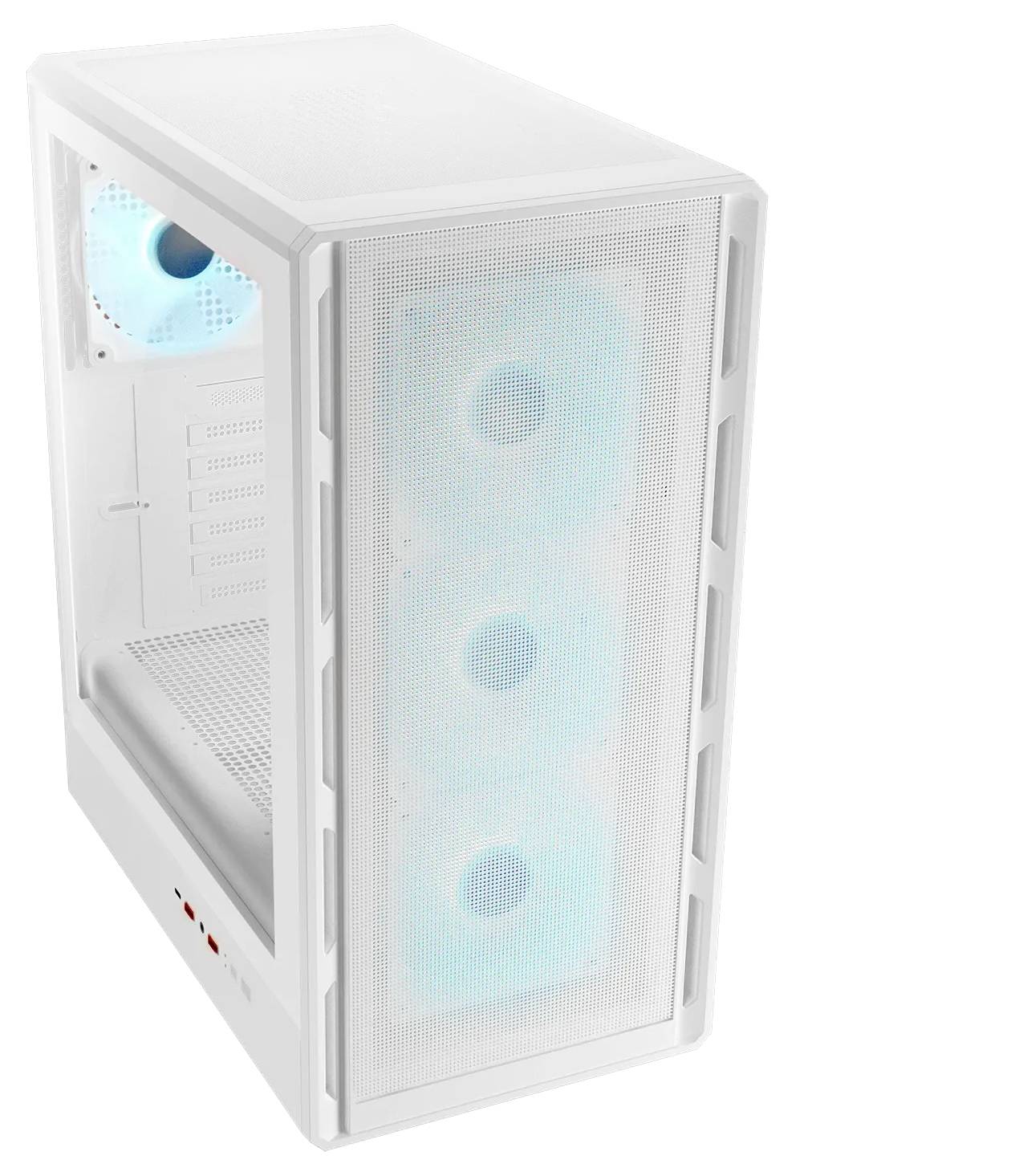 Bílý počítačový věžový box s čelním panelem z mřížky odhalující tři kruhové, zářící modré ventilátory. Modrý ventilátor je také viditelný zezadu uvnitř.