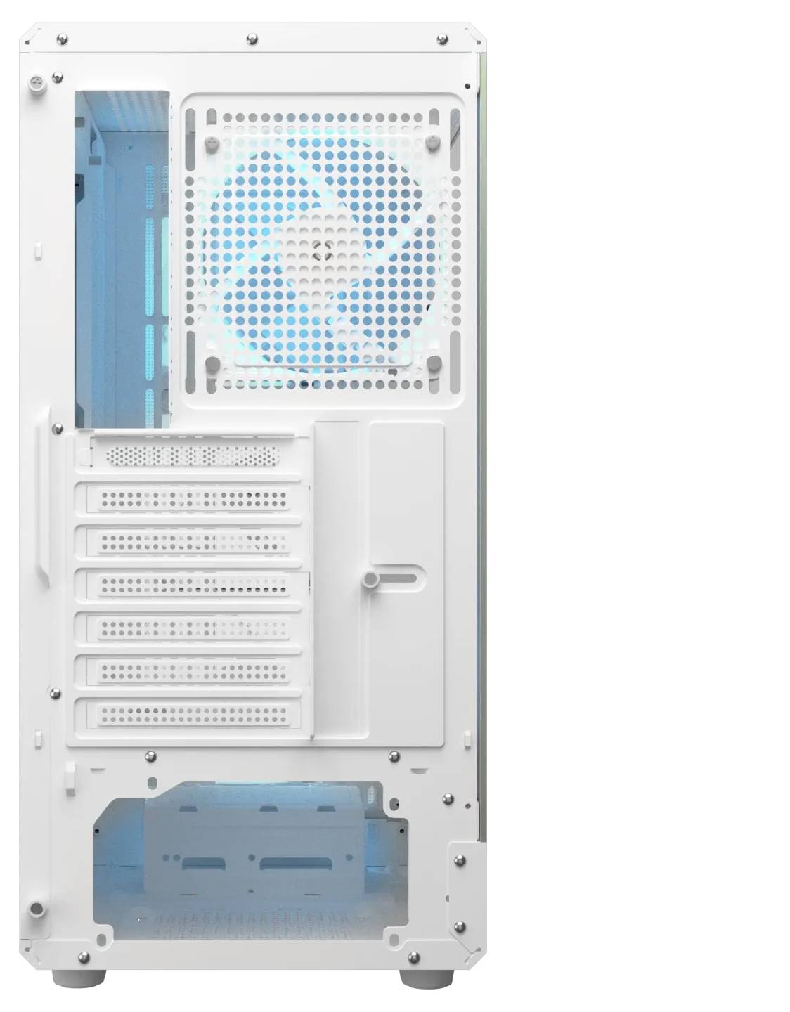 Bílý počítačový case s velkým zadním ventilátorem, několika rozšiřujícími sloty a bočním panelem zobrazujícím modré vnitřní prostředí.