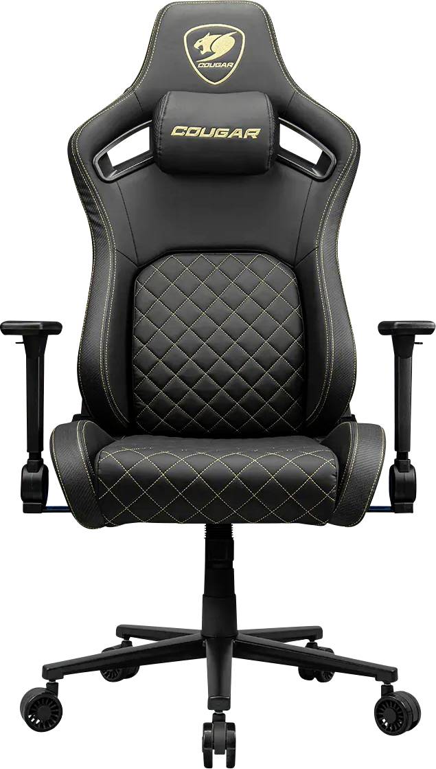 Černá ergonomická herní židle se zlatým prošíváním, nastavitelnými opěrkami rukou a vysokým opěradlem zobrazujícím logo značky.