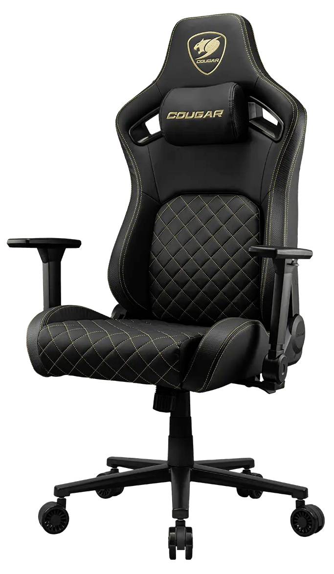 Černá ergonomická herní židle s nastavitelnými opěrkami rukou a vysokým opěradlem, které je potaženo čalouněním s diamantovým prošíváním a opatřeno logem značky.