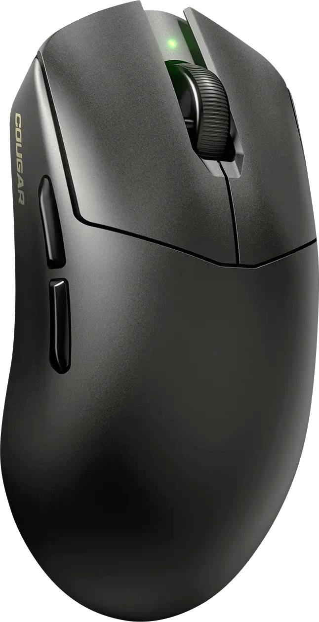 Elegantní černá bezdrátová počítačová myš s ergonomickým designem, dvěma postranními tlačítky, kolečkem pro scrollování a zeleným LED indikátorem na horní straně.