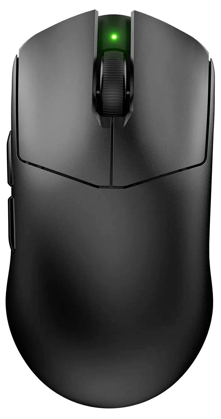 Pohled shora na černou ergonomickou počítačovou myš s jasně zeleně svítícím kolečkem, vyznačující se elegantním a minimalistickým designem.