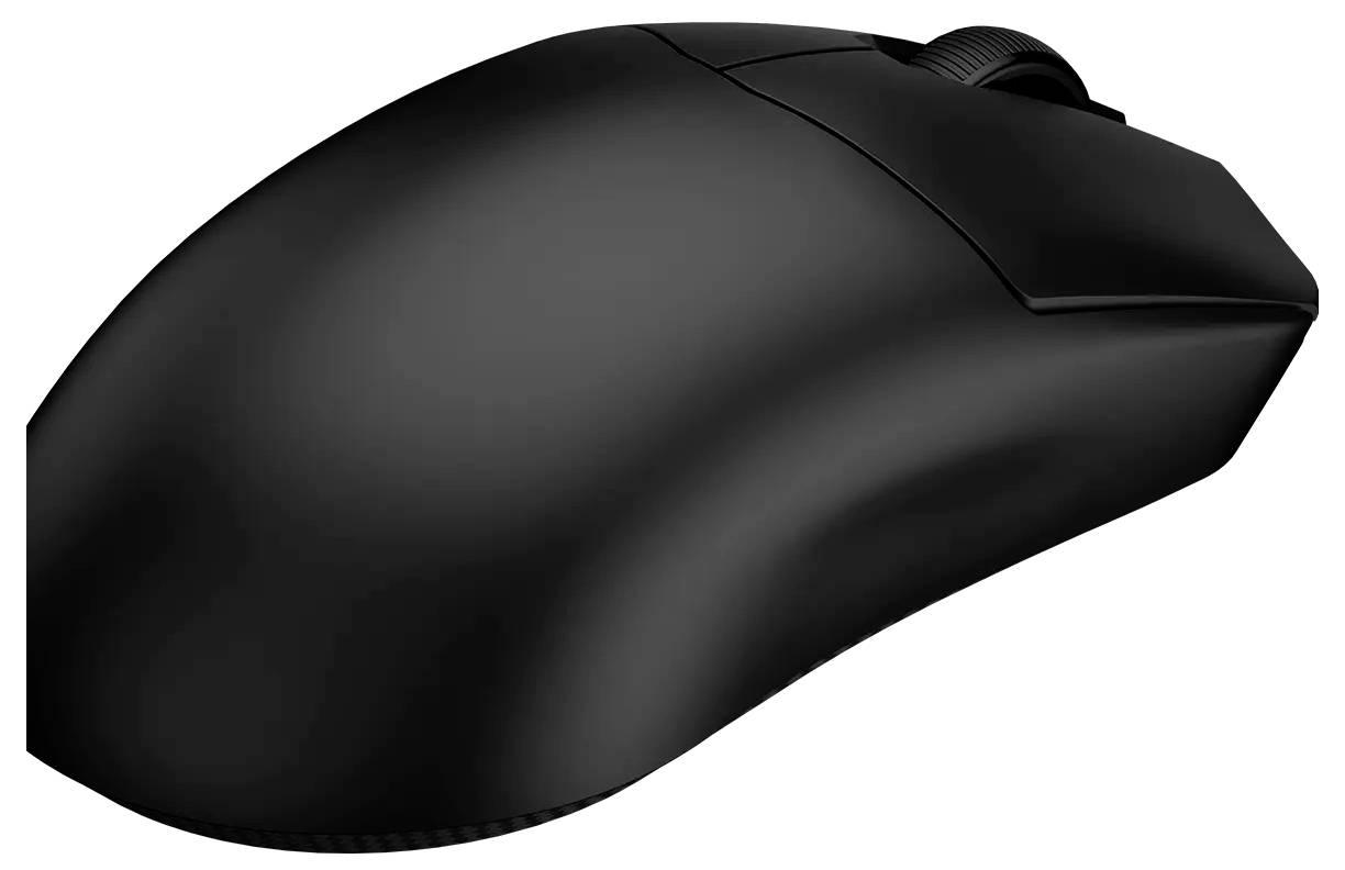 Štíhlá černá bezdrátová počítačová myš s rolovacím kolečkem, navržená pro ergonomický komfort a přesnost při počítačových úlohách.