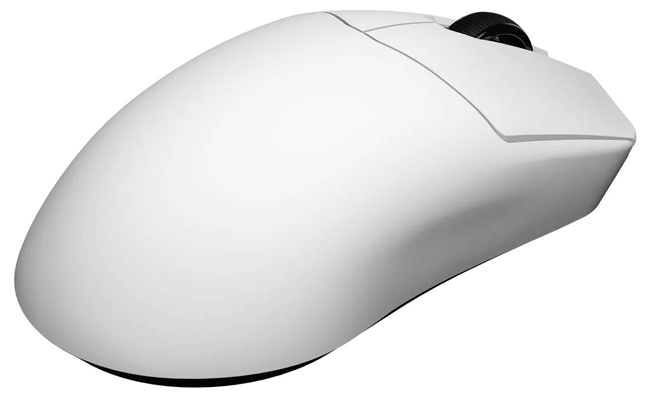 Bílá počítačová myš s elegantním, minimalistickým designem, vybavená výrazným kolečkem pro posun a dvěma tlačítky, umístěná na jednoduchém pozadí.