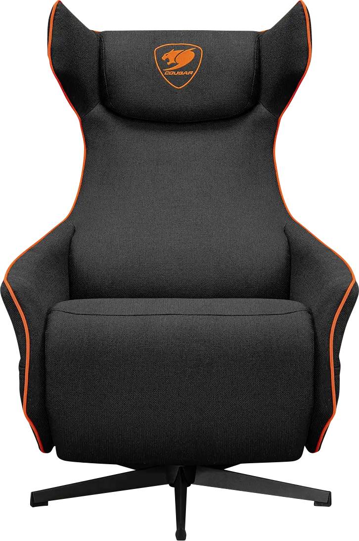 Černobílá herní židle s vysokým opěradlem, křídlovitým opěrátkem hlavy a logem společnosti na opěrátku hlavy. Vhodná pro ergonomické sezení.