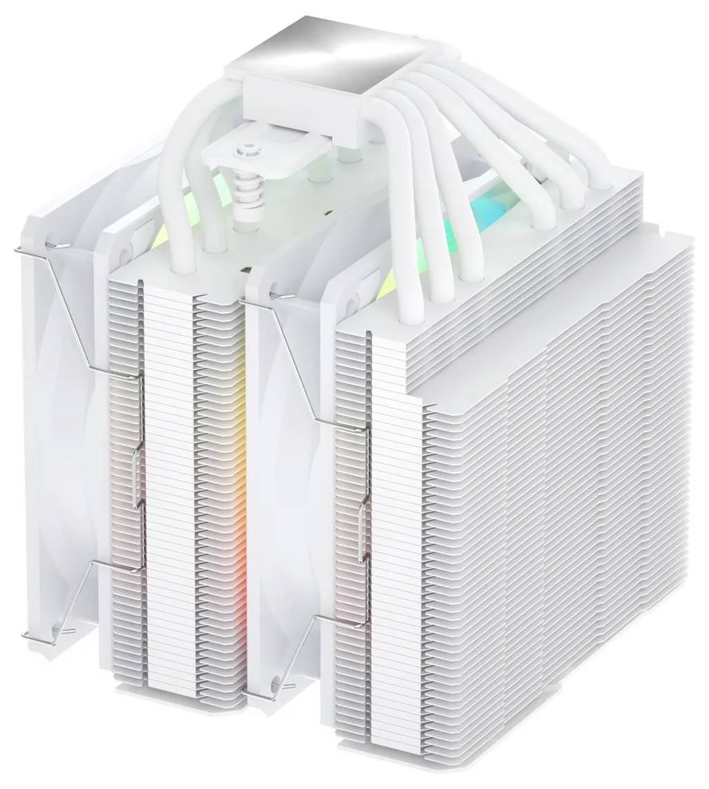 Dvouvěžový CPU chladič s několika tepelnými trubicemi a RGB osvětlením na vrcholu, navržený pro efektivní chlazení počítačových systémů.