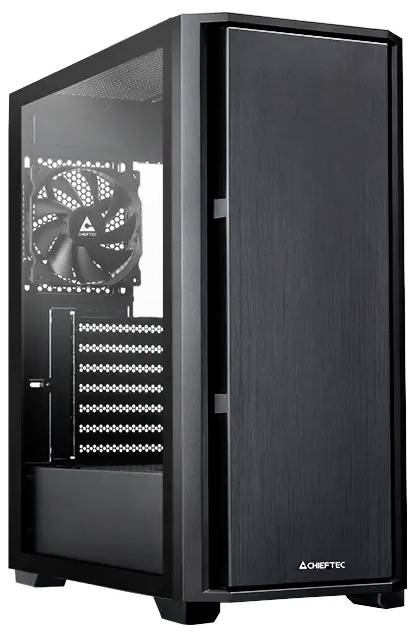 Černý počítačový box Chieftec s viditelným bočním ventilátorem a četnými větracími otvory na zadním panelu, určený pro montáž hardwarových komponent.