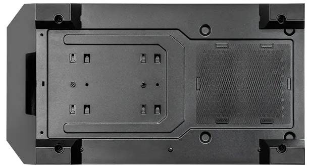 Spodní pohled černého elektronického zařízení zobrazující větrací otvory, šrouby a montážní drážky.