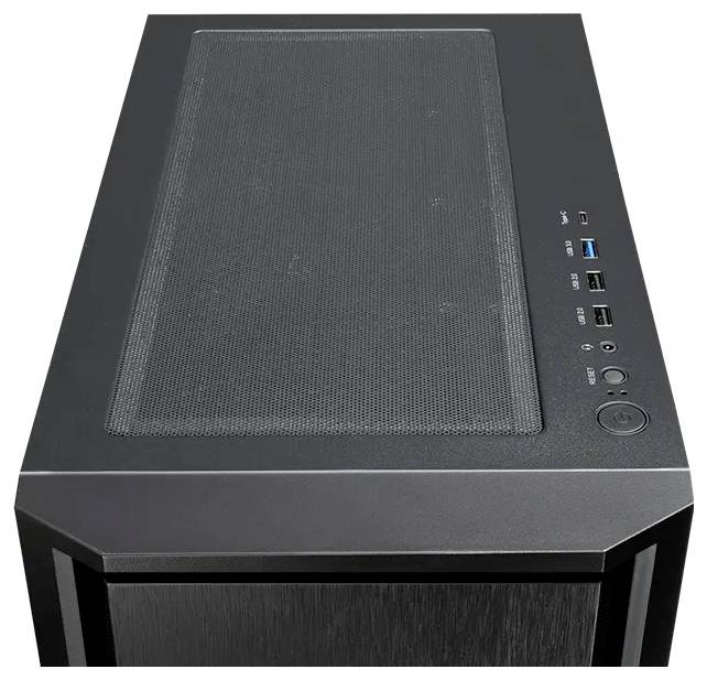 Černá počítačová skříň s horním panelem s mřížkou a předními porty včetně USB, zvukových konektorů a tlačítka napájení.
