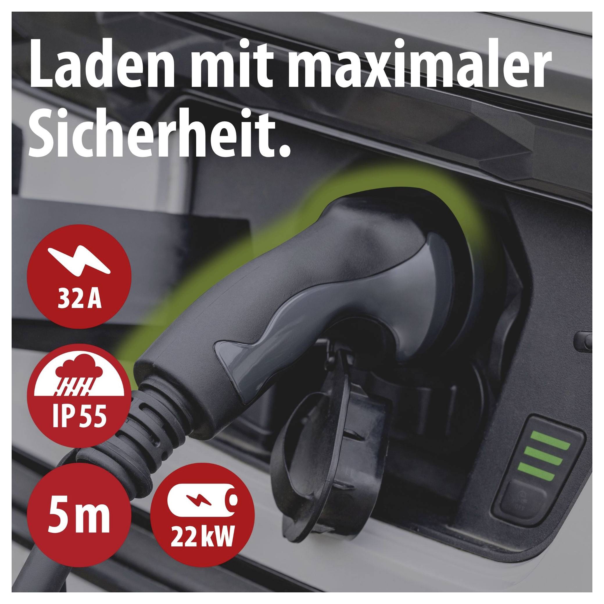 Reklamní obrázek nabíječky Wallbox s nabíjením elektromobilu s textem "Nabíjení s maximální bezpečností."; Symboly ukazují 32A, IP55, 5 m a 22 kW.