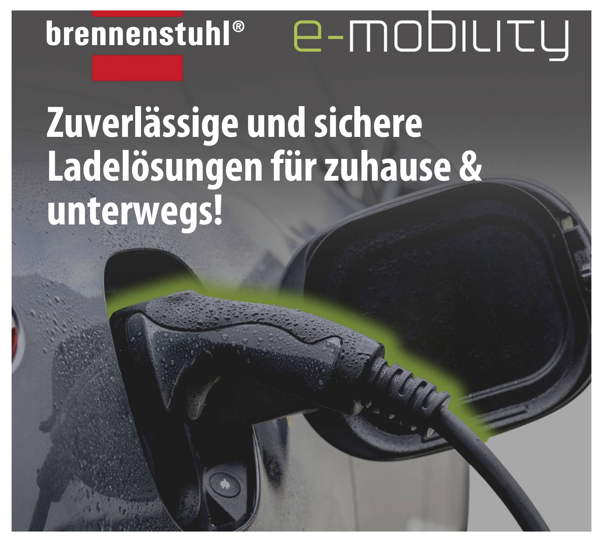 Reklamní grafika od brennenstuhl e-MOBILITY s autem, nabíjecím kabelem u vozidla a textem: 'Spolehlivá a bezpečná řešení nabíjení pro doma a na cestách!'