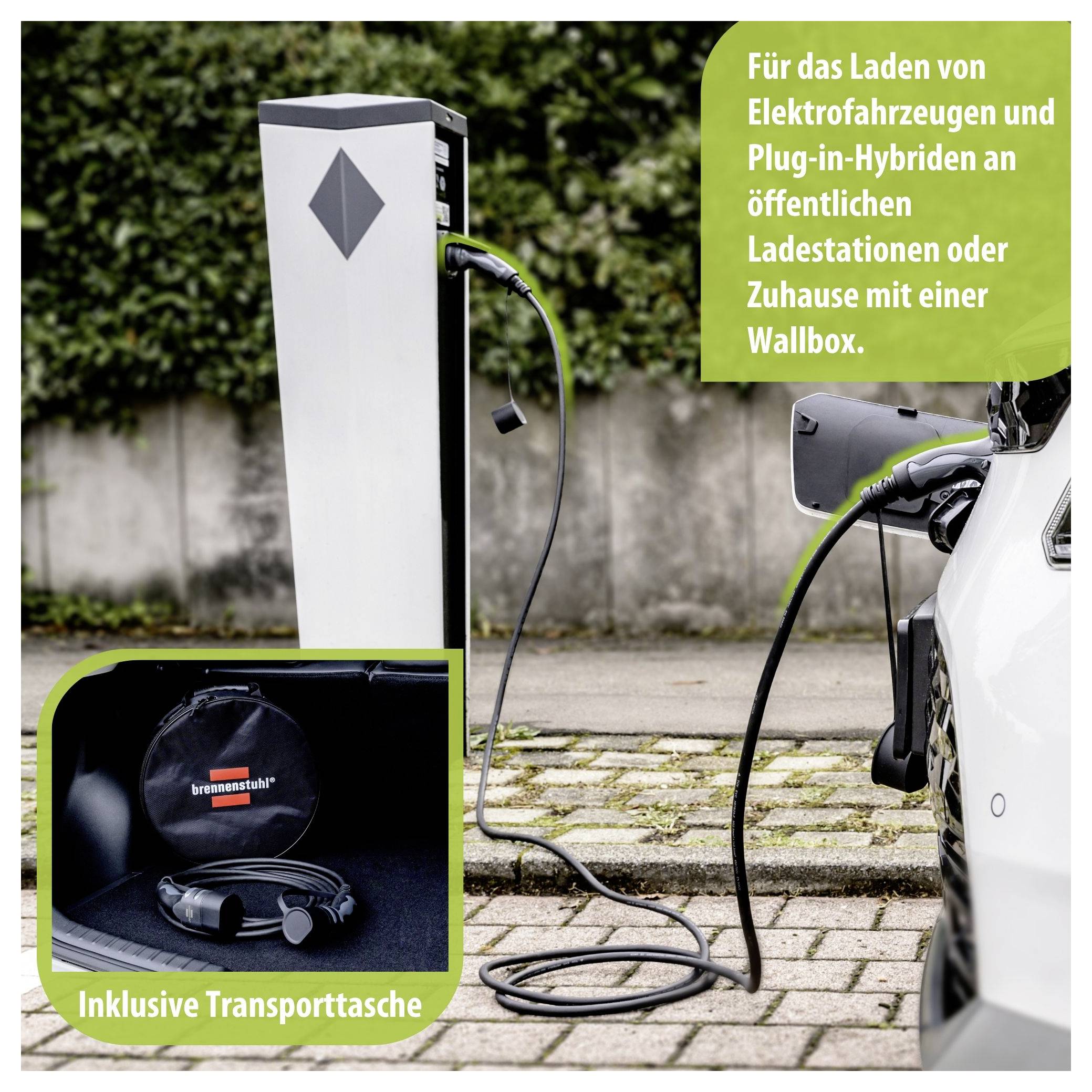 Elektromobil se nabíjí na wallboxu; text upozornění: "Na veřejných nabíjecích stanicích nebo doma na wallboxu lze nabíjet elektromobily a plug-in hybridy." Včetně přepravní tašky.
