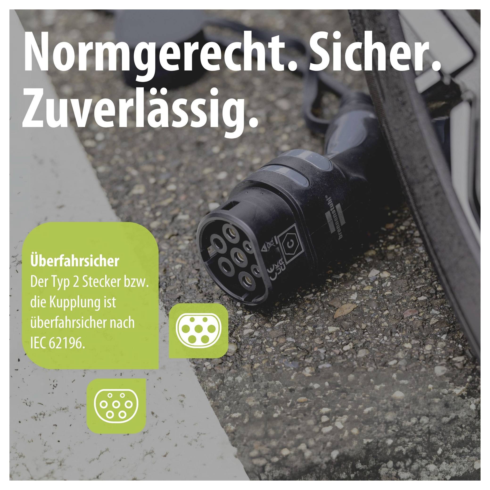 Nabíjecí kabel-konektor na asfaltu s textem 'Normgerecht. Sicher. Zuverlässig.' a poznámkou 'Überfahrsicher' pro konektor/spojku typu 2 podle normy IEC 62196.