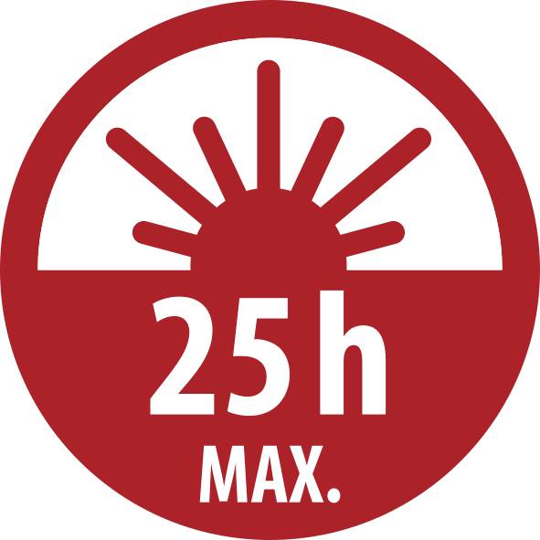 Červená kruhová varovná značka se symbolem slunce a textem „25H MAX." označující maximálně 25 hodin.