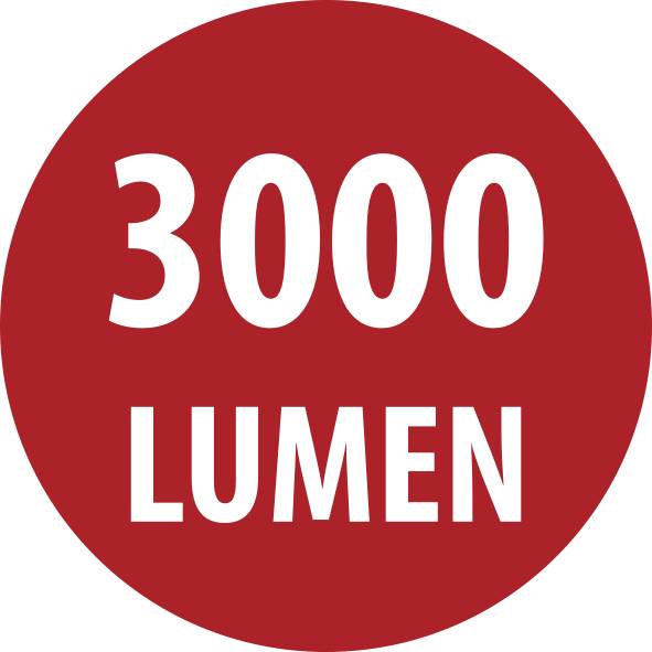 Červený kulatý odznak s bílým textem, který čte "3000 LUMEN".