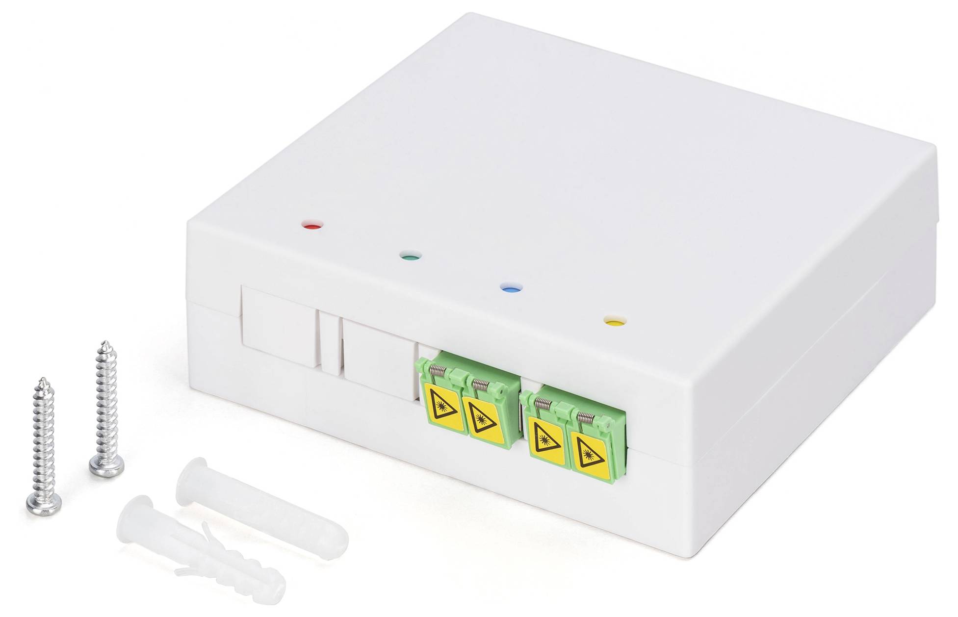 Bílý rozvodný box s třemi zelenými konektory a barevnými indikátory na horní straně, doplněný dvěma šrouby a hmoždinkami, určený pro elektrické připojení.