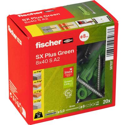 Červená krabice Fisher pro kotvy SX Plus Green do zdi, zobrazující balení 20 kusů kotev 8x40 S A2 se zelenými zásuvkami a vruty viditelné přední okénkem.