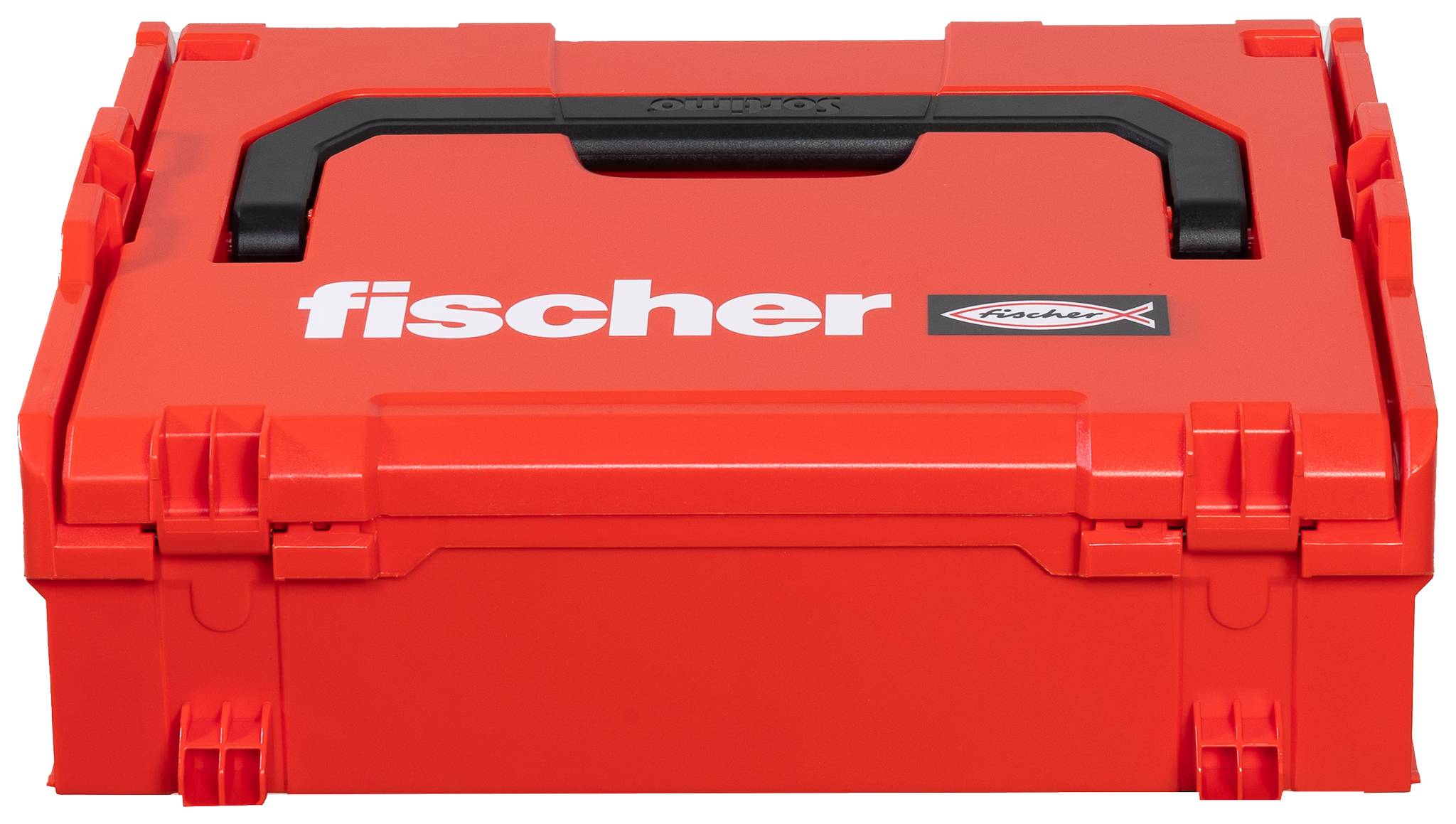 Červená plastová krabička na nářadí s černou rukojetí, na víku označená "fischer".
