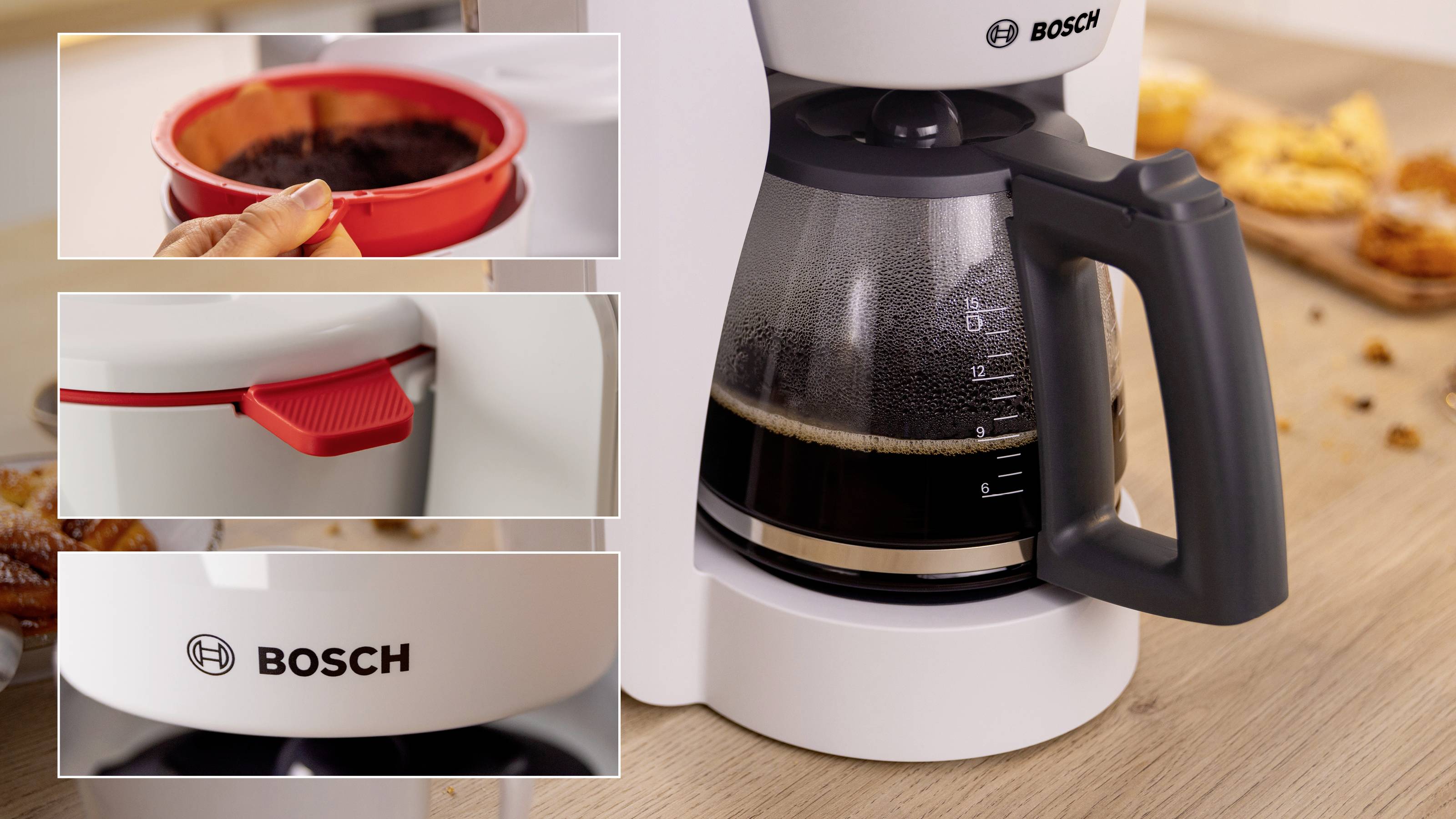 Bílý kávovar Bosch s plnou skleněnou kávovou konvicí. Detailní vložené obrázky ukazují košík na filtr, přepínač a logo Bosch.