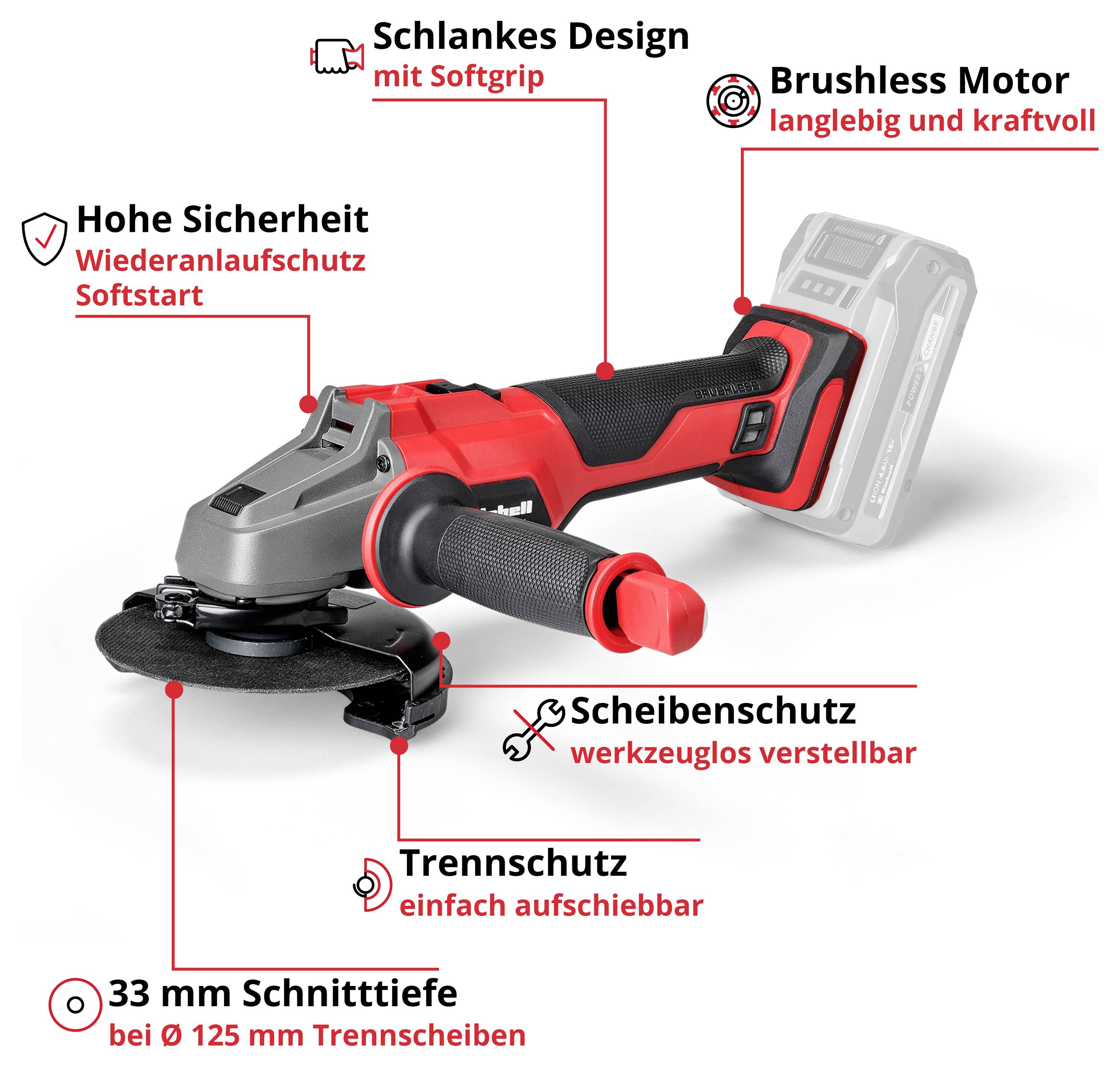 Einhell 4431140+4540011 Akumulátorová úhlová bruska 125 mm, bez akumulátoru, bez nabíječky, včetně elektronického kufru,-2