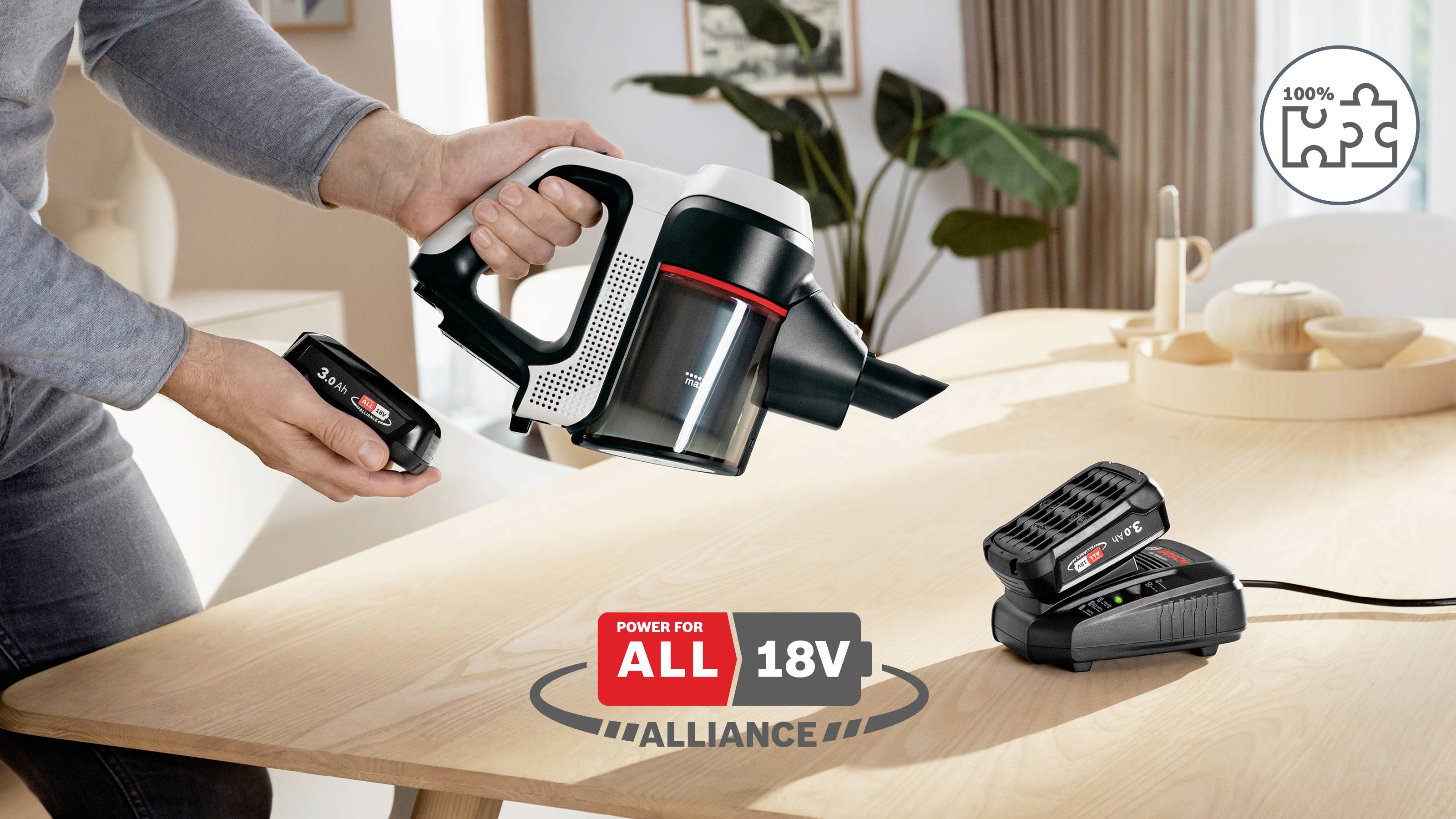 'Aliance 18V pro všechny' vysavač zobrazený s vyjímatelnou baterií, nabíječkou a ikonou indikující 100% kompatibilitu na dřevěném stole.