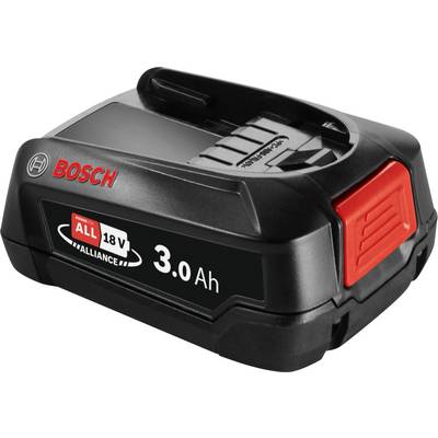 Akumulátor Bosch 18V 3.0 Ah, černý s červenými prvky, určený pro elektrické nářadí, s vyznačeným logem značky a údaji o napětí.