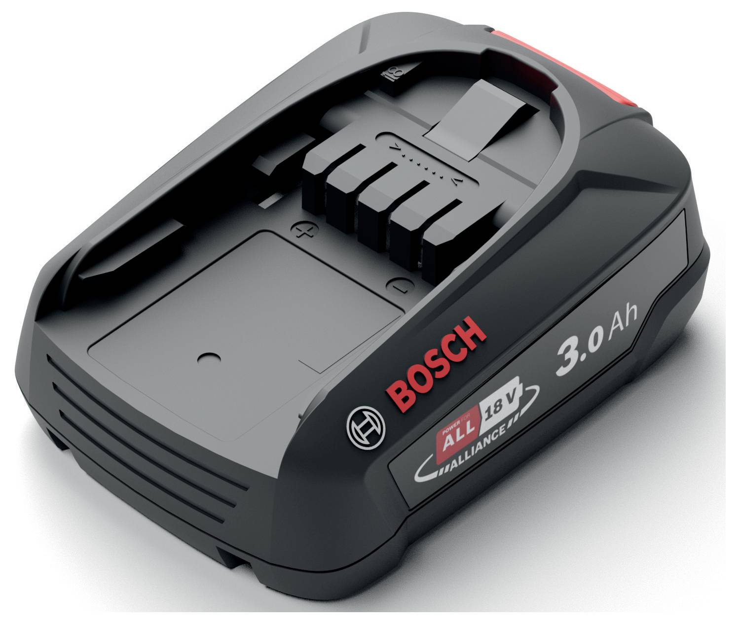 Akumulátor Bosch 18V 3.0Ah lithium-iontový, černý s červeno-bílým logem, zobrazený v perspektivním pohledu zvýrazňujícím kompaktní design.