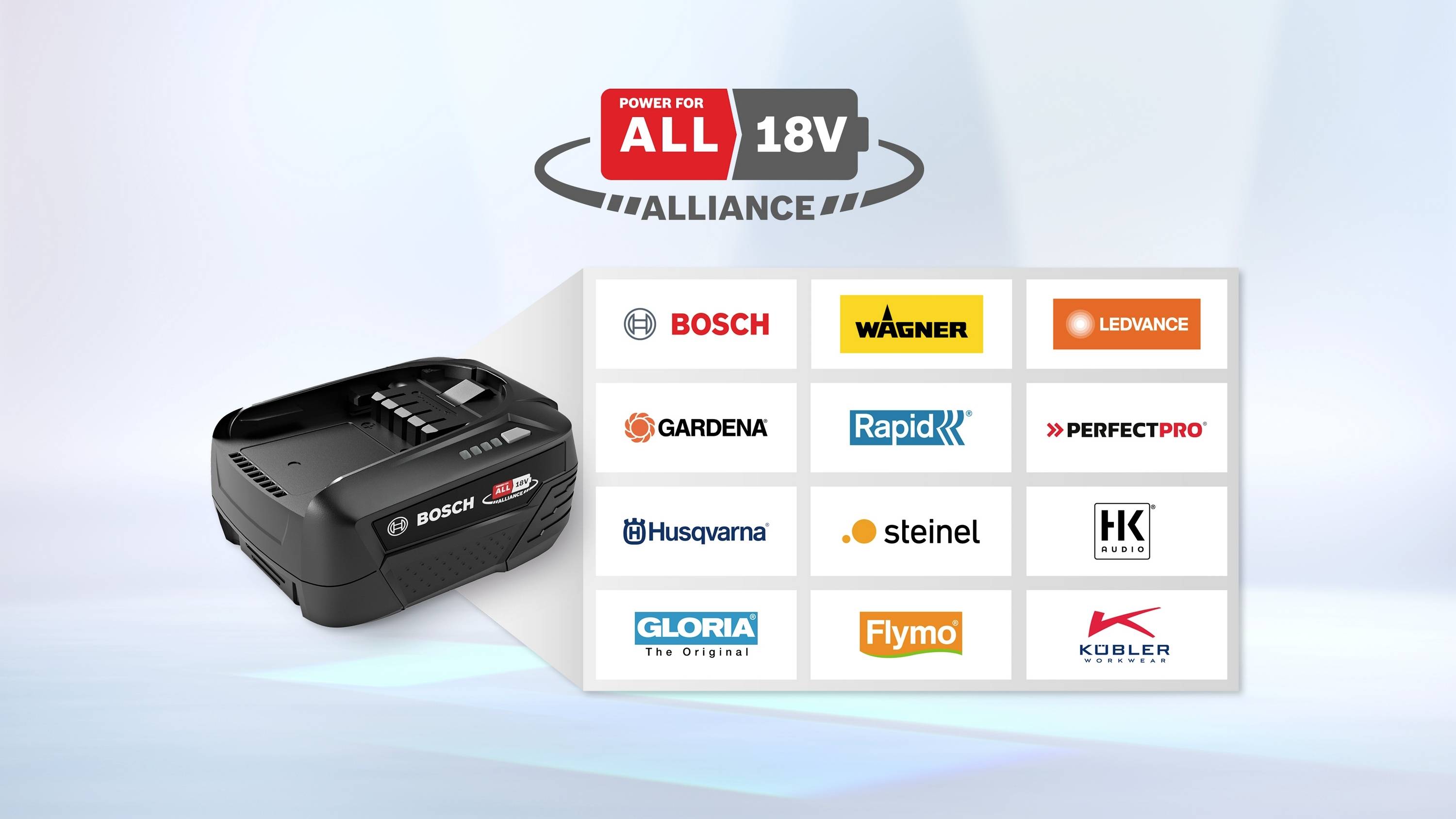 'Energie pro všechny 18V Aliance' vedle log značek: Bosch, Wagner, Gardena, Rapid, PerfectPro, Husqvarna, Steinel, HK, Gloria, Flymo, Kobler.