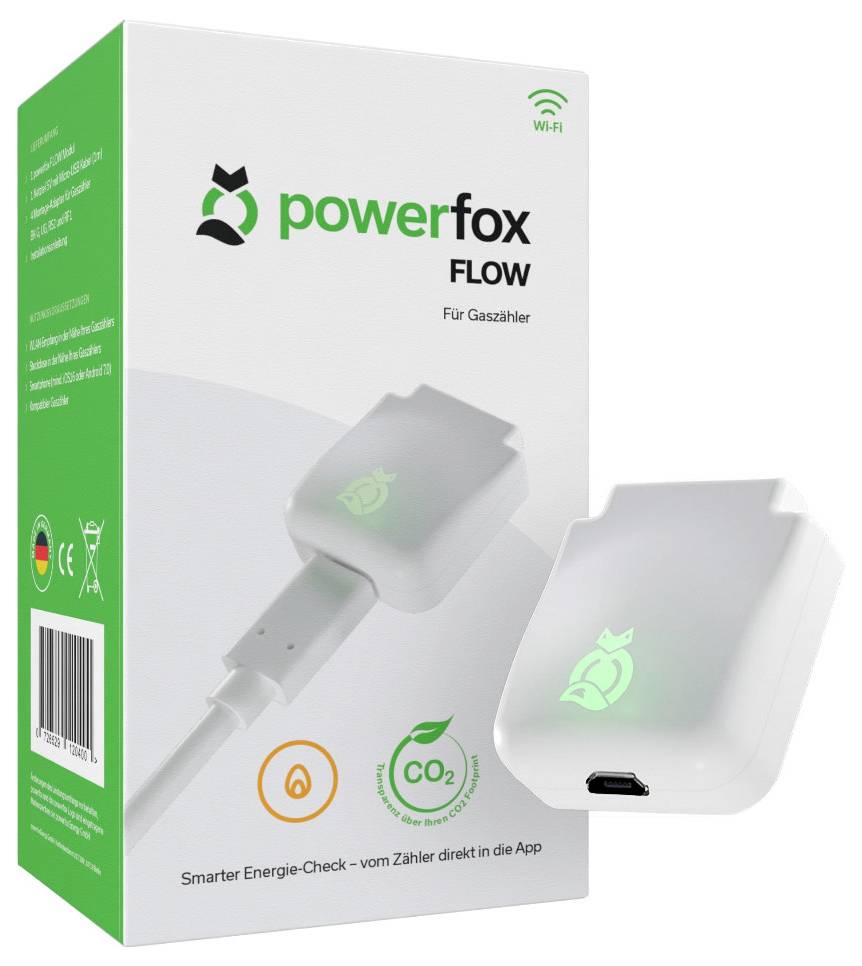 Obal 'Powerfox Flow' a zařízení pro plynové měřiče. Krabice zobrazuje produkt, indikaci připojení aplikace a důraz na energetickou účinnost.
