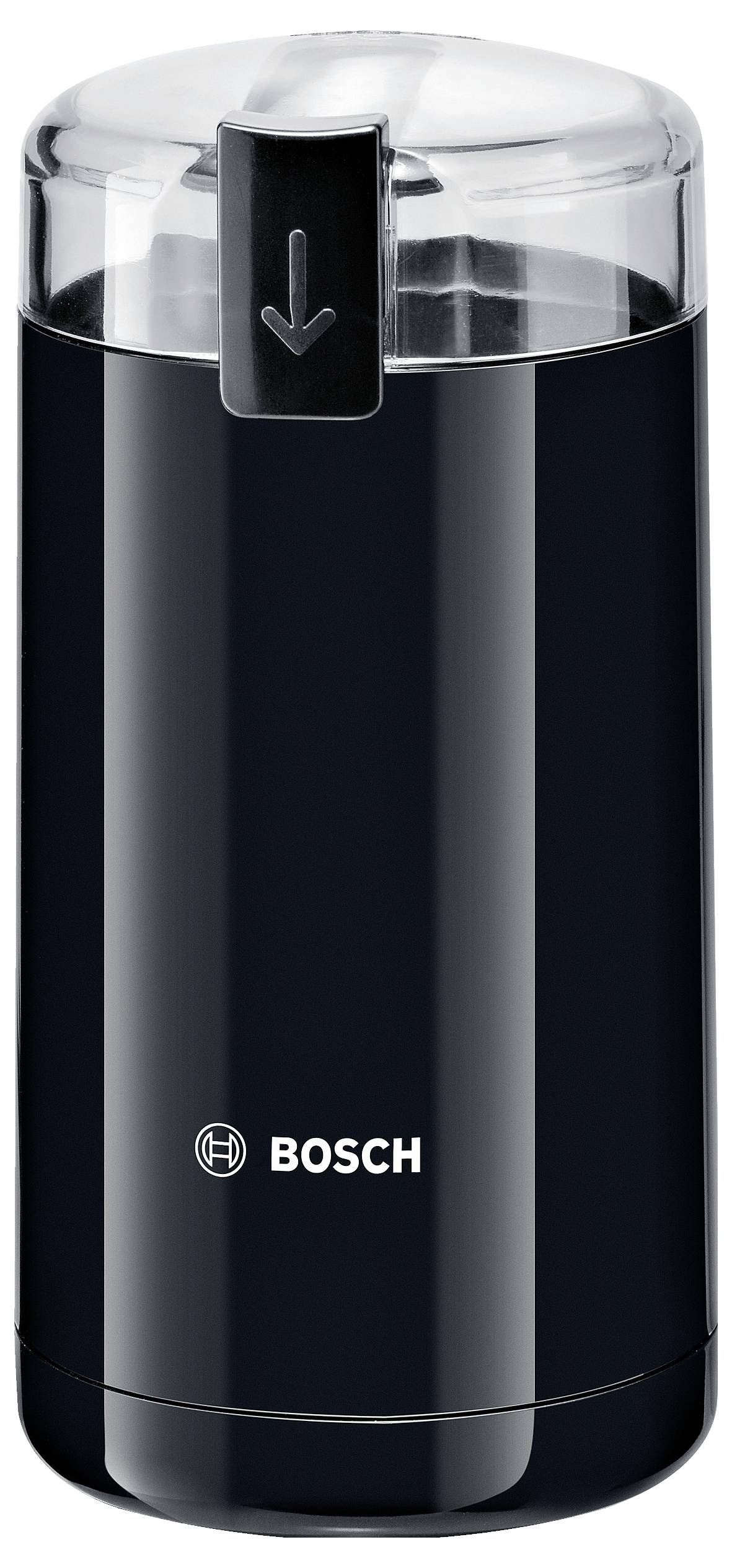 Černý elektrický mlýnek na kávu značky Bosch s průhledným víkem a stlačovacím tlačítkem nahoře, na předním panelu opatřený logem Bosch.